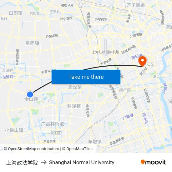 Shanghai University of Political Science and Law to Shanghai Normal University map