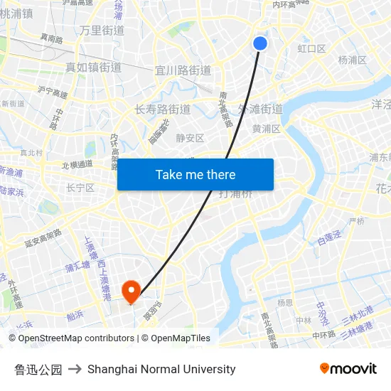 Lu Xun Park to Shanghai Normal University map