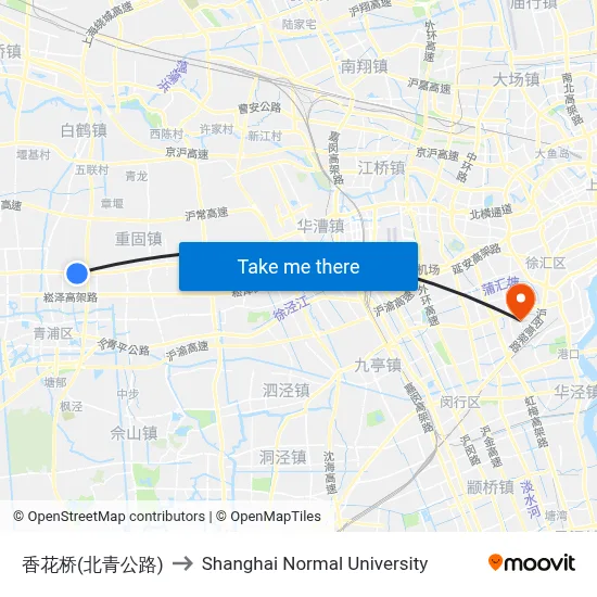Xianghua Bridge (Beiqing Road) to Shanghai Normal University map