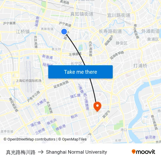 Zhenguang Road and Meichuan Road to Shanghai Normal University map