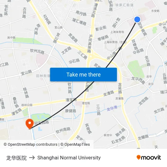 Longhua Hospital to Shanghai Normal University map