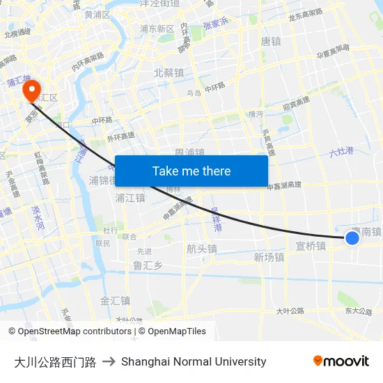 Dachuan Highway Ximen Road to Shanghai Normal University map