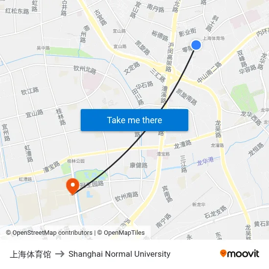 Shanghai Stadium to Shanghai Normal University map