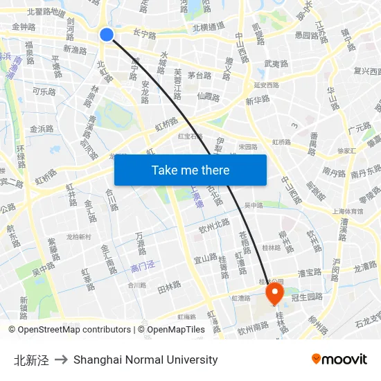 North Xinjing to Shanghai Normal University map