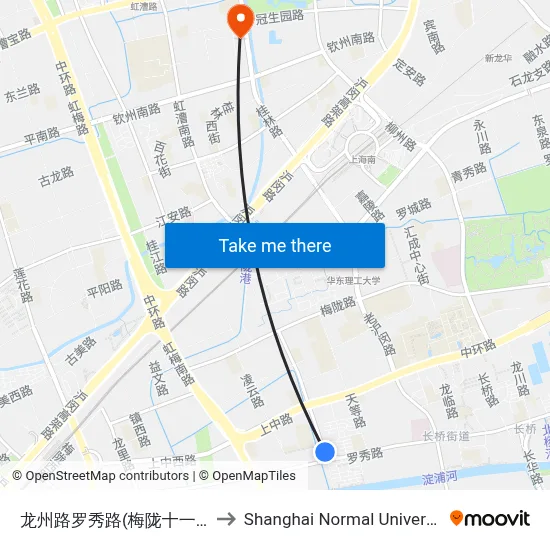 Longzhou Road & Luoxiu Road (Meilong 11th Village) to Shanghai Normal University map