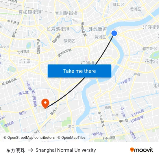 Oriental Pearl to Shanghai Normal University map