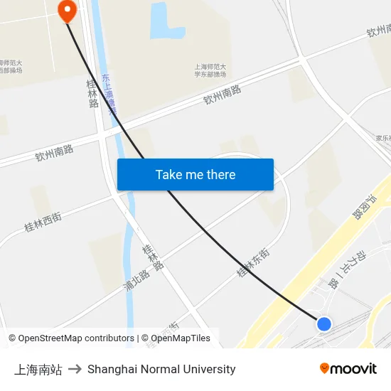 Shanghai South Station to Shanghai Normal University map