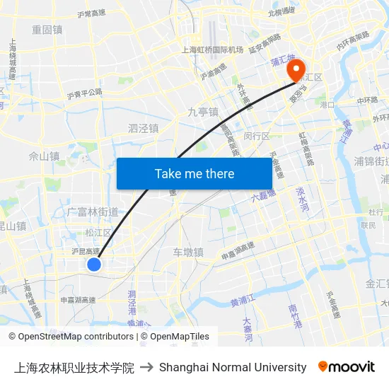上海农林职业技术学院 to Shanghai Normal University map