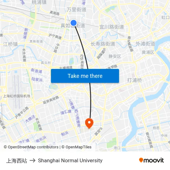 Shanghai West Station to Shanghai Normal University map