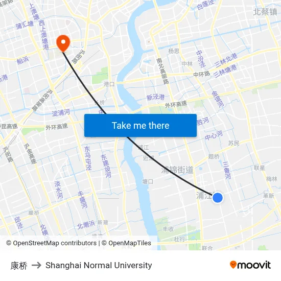Kangqiao to Shanghai Normal University map