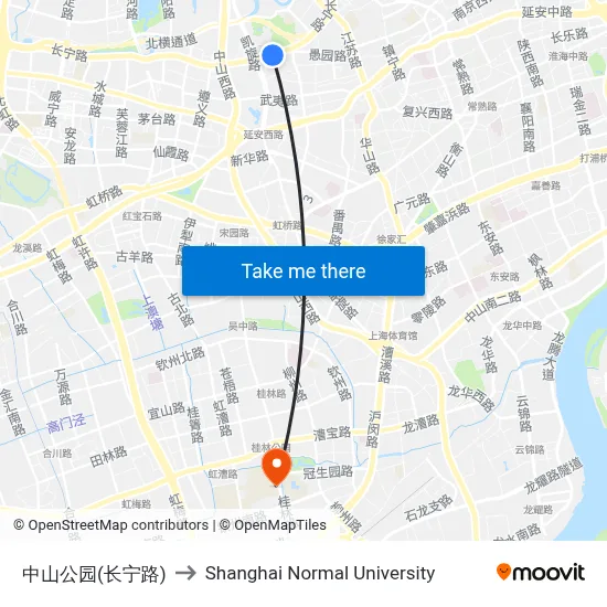 Zhongshan Park (Changning Road) to Shanghai Normal University map