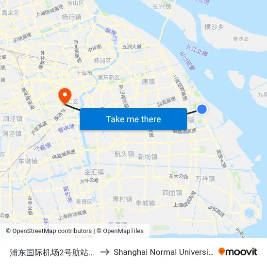 Pudong International Airport Terminal 2 to Shanghai Normal University map