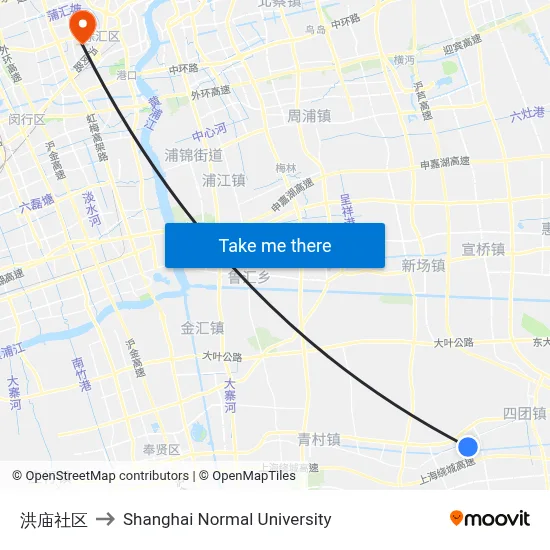 Hongmiao Community to Shanghai Normal University map