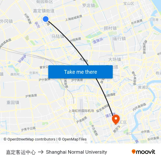 Jiading Passenger Transport Center to Shanghai Normal University map