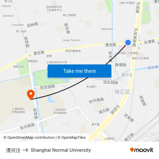 Caohejing to Shanghai Normal University map
