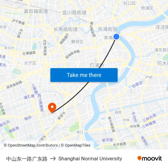 Zhongshan East 1st Road & Guangdong Road to Shanghai Normal University map