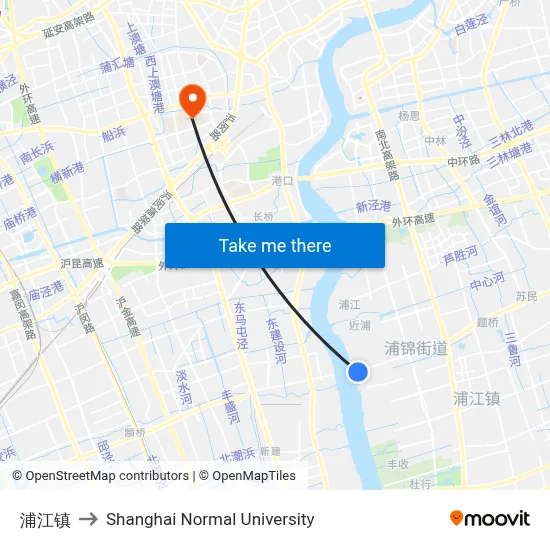Pujiang Town to Shanghai Normal University map