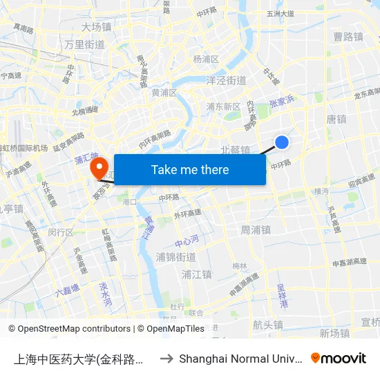 Shanghai University of TCM (Jinke Road & Cailun Road) to Shanghai Normal University map