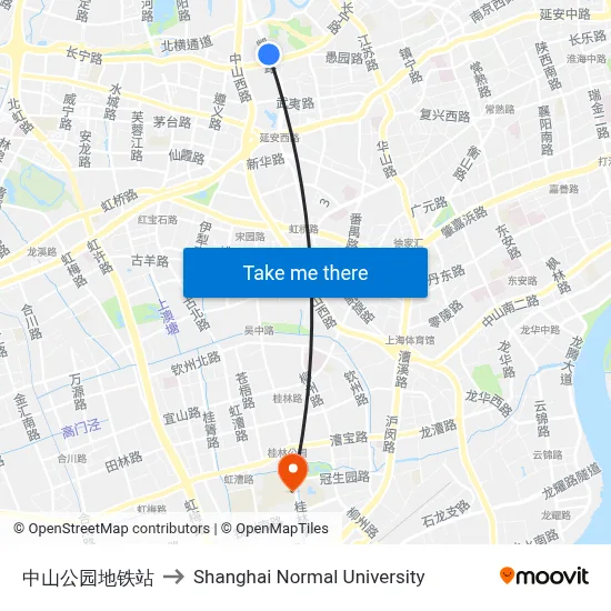 Zhongshan Park Metro Station to Shanghai Normal University map
