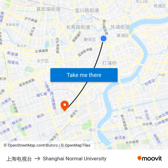 Shanghai TV Station to Shanghai Normal University map