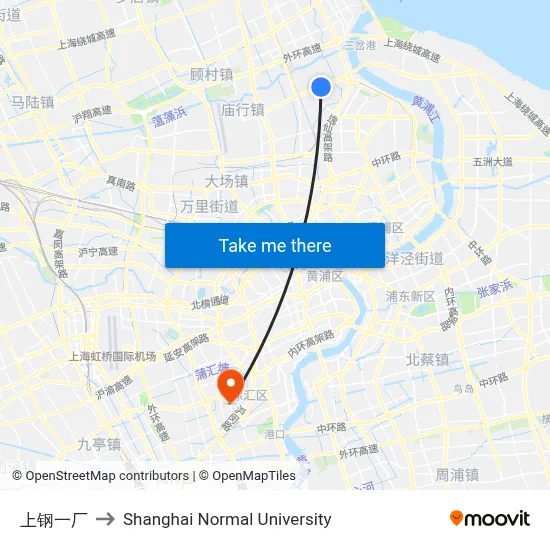 Upper Steel Plant 1 to Shanghai Normal University map