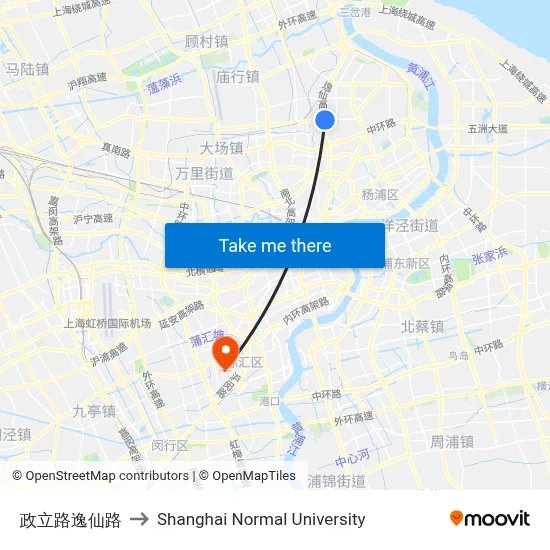 Zhengli Road Yixian Road to Shanghai Normal University map