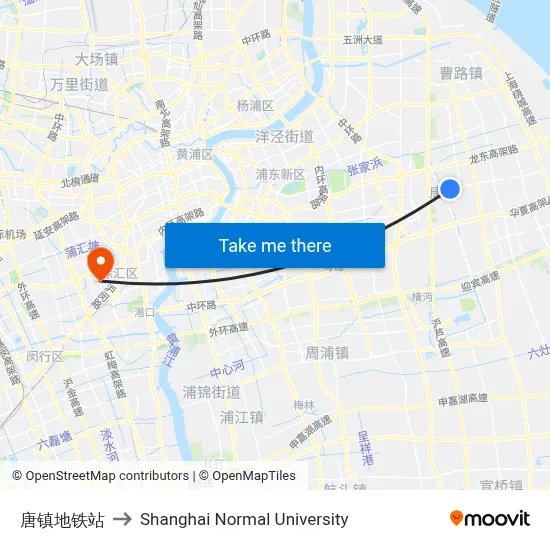 Tangzhen Metro Station to Shanghai Normal University map
