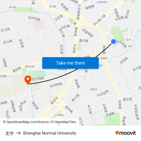Longhua to Shanghai Normal University map