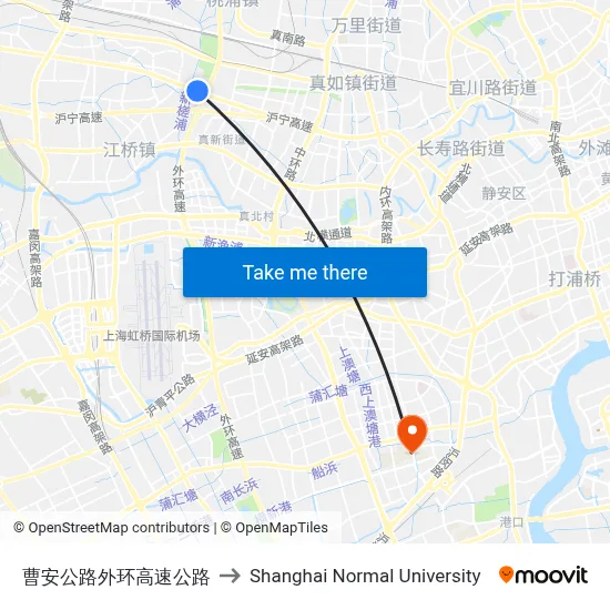 Cao'an Road Outer Ring Expressway to Shanghai Normal University map