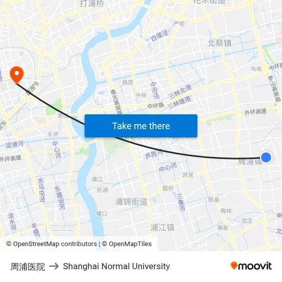 Zhoupu Hospital to Shanghai Normal University map