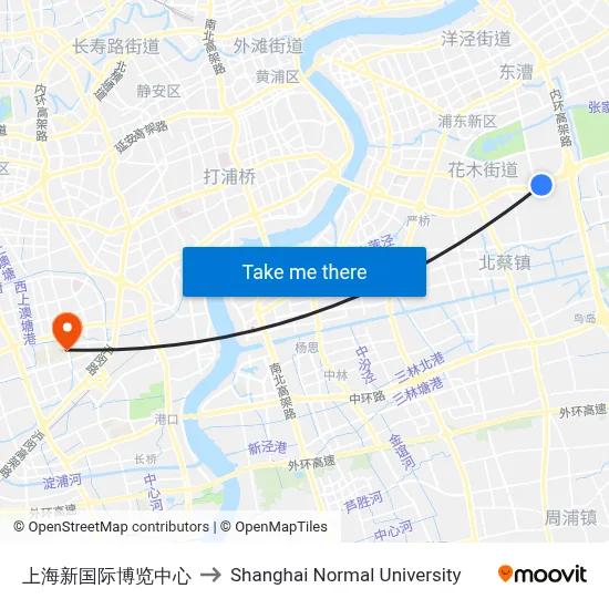 Shanghai New International Expo Center to Shanghai Normal University map