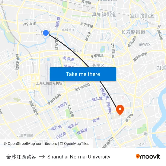 Jinshajiang West Road Station to Shanghai Normal University map