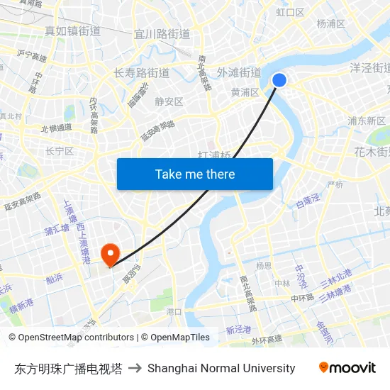 Oriental Pearl Radio & TV Tower to Shanghai Normal University map