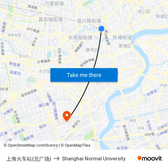 Shanghai Railway Station (North Plaza) to Shanghai Normal University map