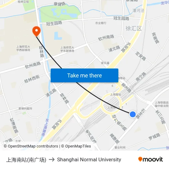 Shanghai South Railway Station (South Square) to Shanghai Normal University map