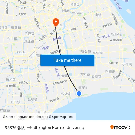 Unit 95826 to Shanghai Normal University map