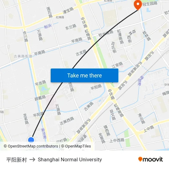 Pingyang New Village to Shanghai Normal University map