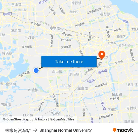 Zhujiajiao Bus Station to Shanghai Normal University map