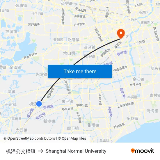 Fengjing Transit Hub to Shanghai Normal University map