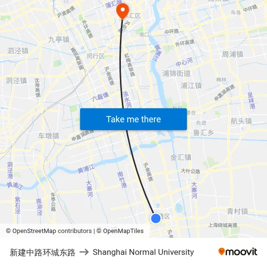 Xinjiangzhong Road & Huancheng East Road to Shanghai Normal University map