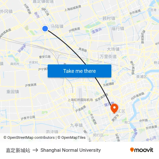 Jiading New City Station to Shanghai Normal University map