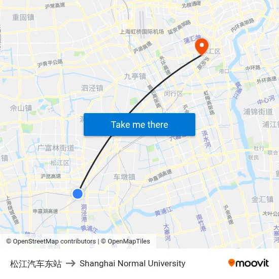 Songjiang East Bus Station to Shanghai Normal University map