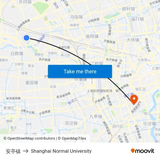 Anting Town to Shanghai Normal University map
