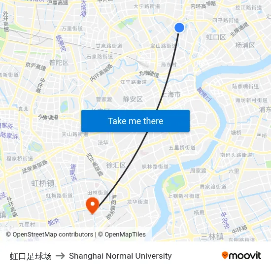 Hongkou Football Stadium to Shanghai Normal University map