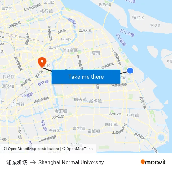 Pudong Airport to Shanghai Normal University map
