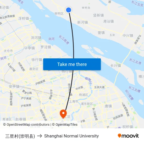 Sanxing Village (Chongming County) to Shanghai Normal University map
