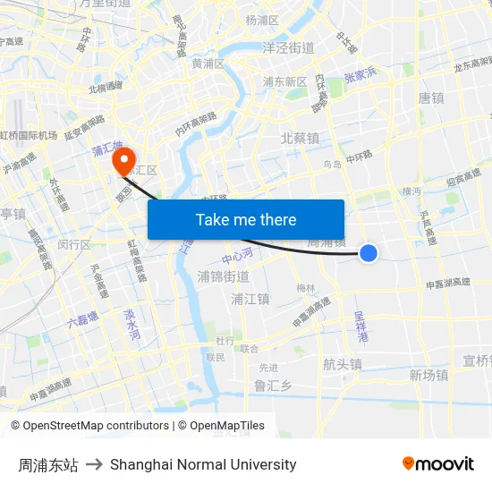 Zhoupu East Station to Shanghai Normal University map