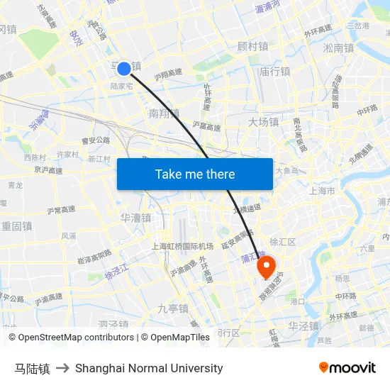 Malu Town to Shanghai Normal University map