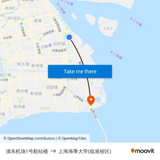 浦东机场1号航站楼 to 上海海事大学(临港校区) map