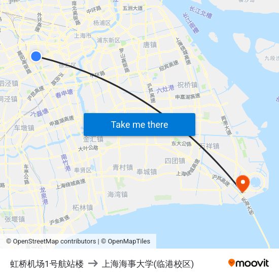 虹桥机场1号航站楼 to 上海海事大学(临港校区) map